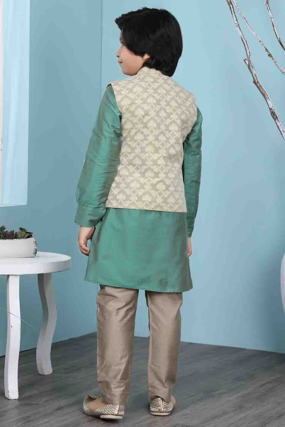 Green and Beige Cotton Silk Kurta PajamaWith Jacket  NCBW10710724