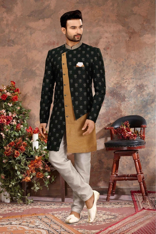 Green and Beige Jacquard Thread Sherwani NCSH10410449