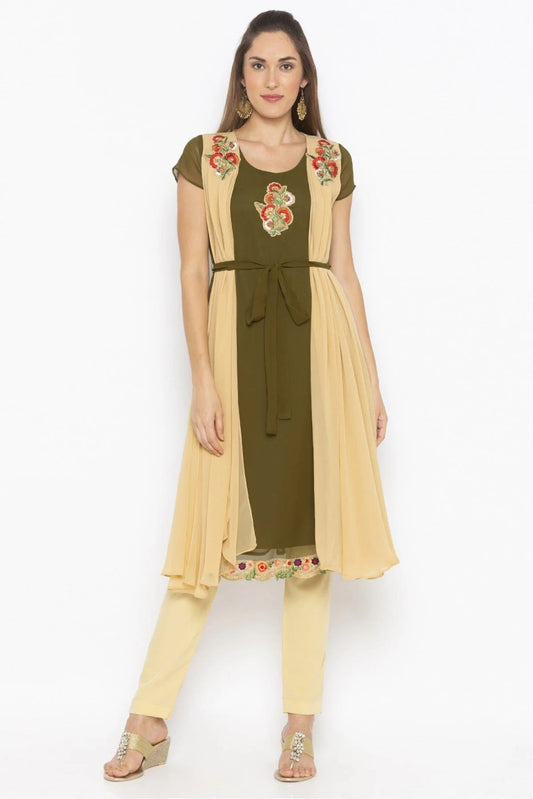 Green and Beige Plus Size Georgette Embroidery Kurti NCKR10710391