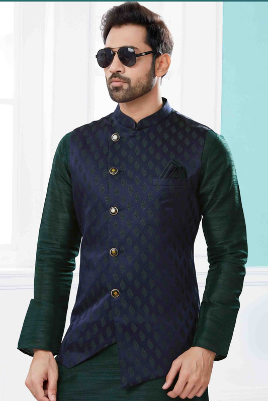 Green and Blue Kurta PajamaWith Jacket In Silk Dupion  NCKP10410739