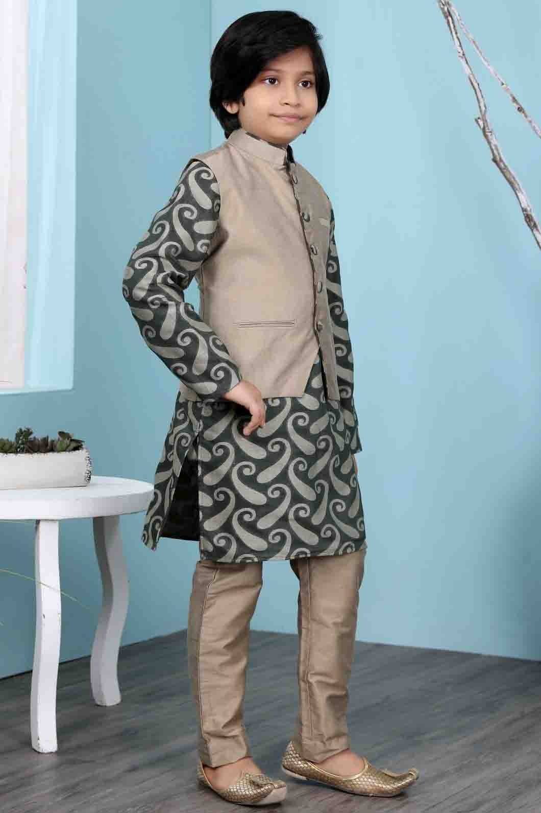 Green and Brown Handloom Silk Kurta PajamaWith Jacket  NCBW10710719