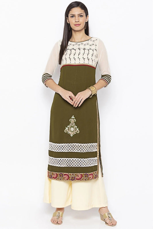 Green and White Plus Size Georgette Embroidery Kurta Set NCKR10710398