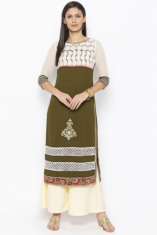 Green and White Plus Size Georgette Embroidery Kurti NCKR10710370