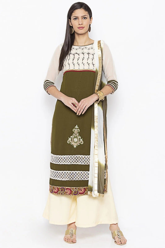 Green and White Plus Size Georgette Embroidery Palazzo Pant Suit NCSS10710616