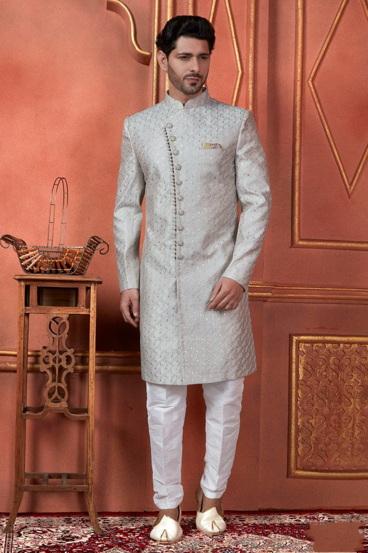 Grey Art Silk Indowestern Sherwan With Aligadhi Pant  NCSH12310274
