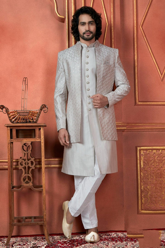 Grey Art Silk Indowestern Sherwan With Aligadhi Pant  NCSH12310284