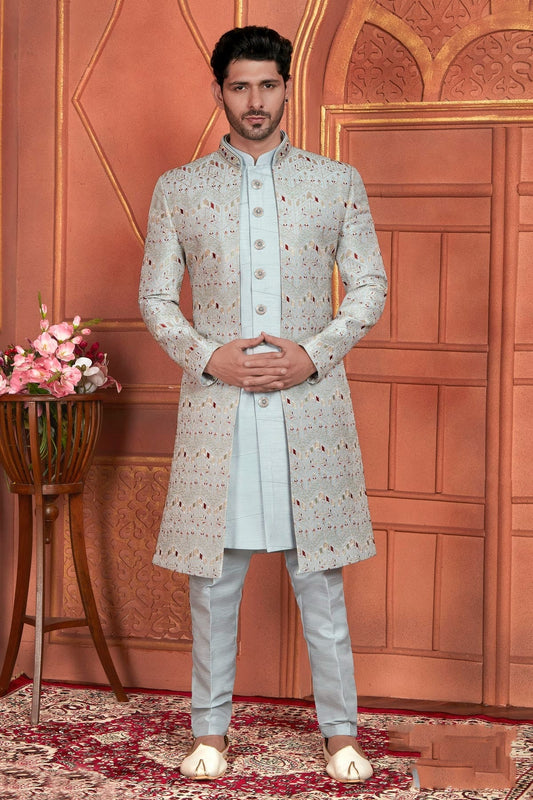 Grey Art Silk Indowestern Sherwan With Aligadhi Pant  NCSH12310363