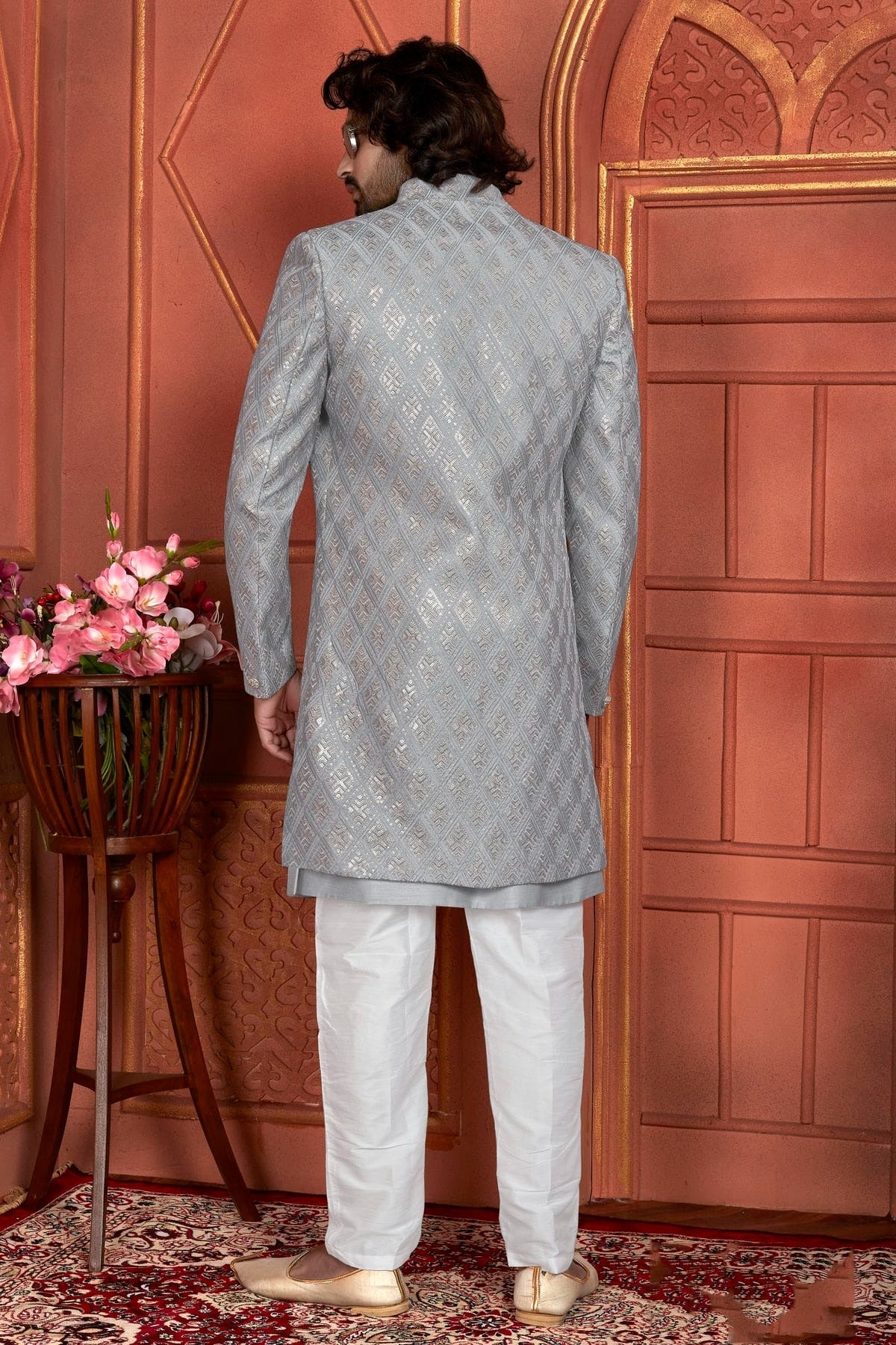 Grey Art Silk Indowestern Sherwan With Aligadhi Pant  NCSH12310367