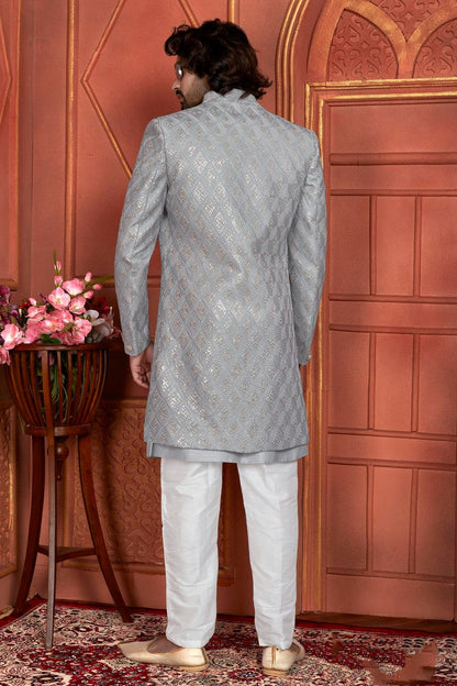 Grey Art Silk Indowestern Sherwan With Aligadhi Pant  NCSH12310367