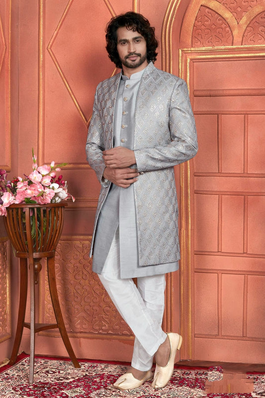 Grey Art Silk Indowestern Sherwan With Aligadhi Pant NCSH12310367