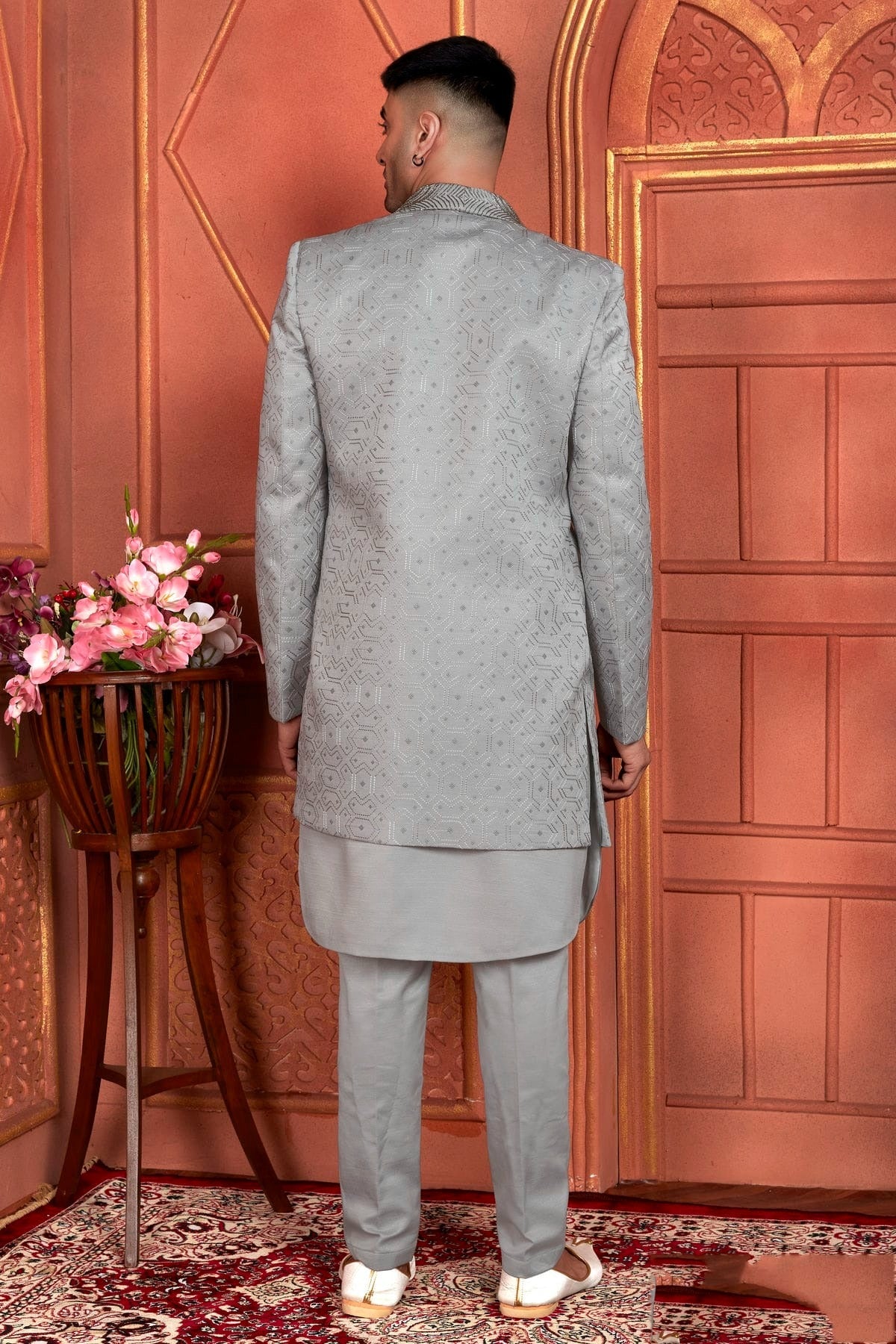 Grey Art Silk Indowestern Sherwan With Aligadhi Pant  NCSH12310372