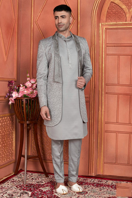 Grey Art Silk Indowestern Sherwan With Aligadhi Pant NCSH12310372