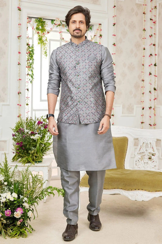 Grey Art Silk Kurta PajamaWith Jacket  NCKP12310101