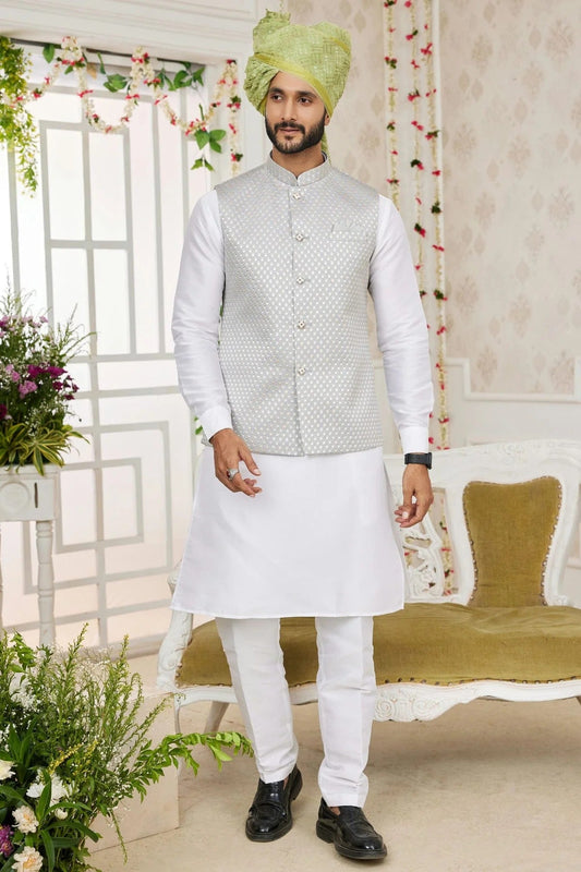 Grey Art Silk Kurta PajamaWith Jacket  NCKP12310103