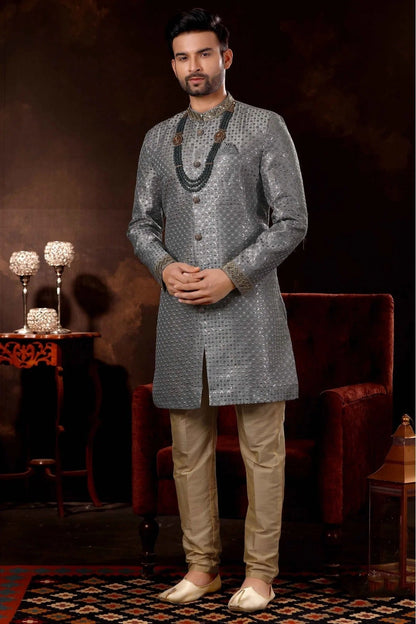 Grey Art Silk Sherwani NCSH10410459
