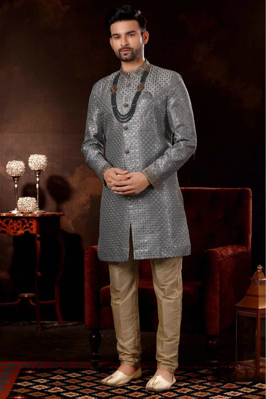 Grey Art Silk Sherwani NCSH10410459