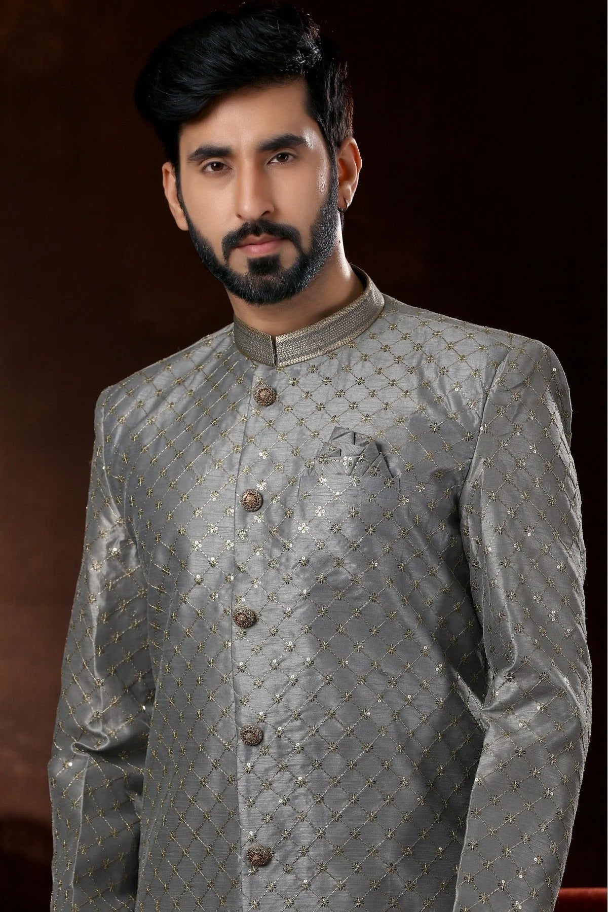 Grey Art Silk Sherwani NCSH10410462
