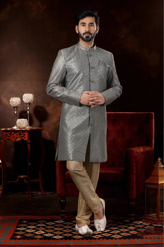 Grey Art Silk Sherwani NCSH10410462