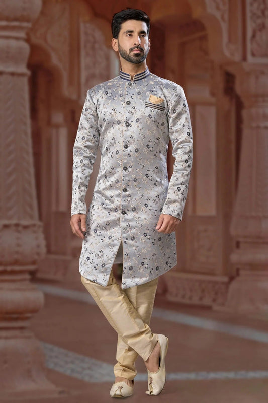 Grey Banarasi Soft Jacquard Sherwani NCSH10410241