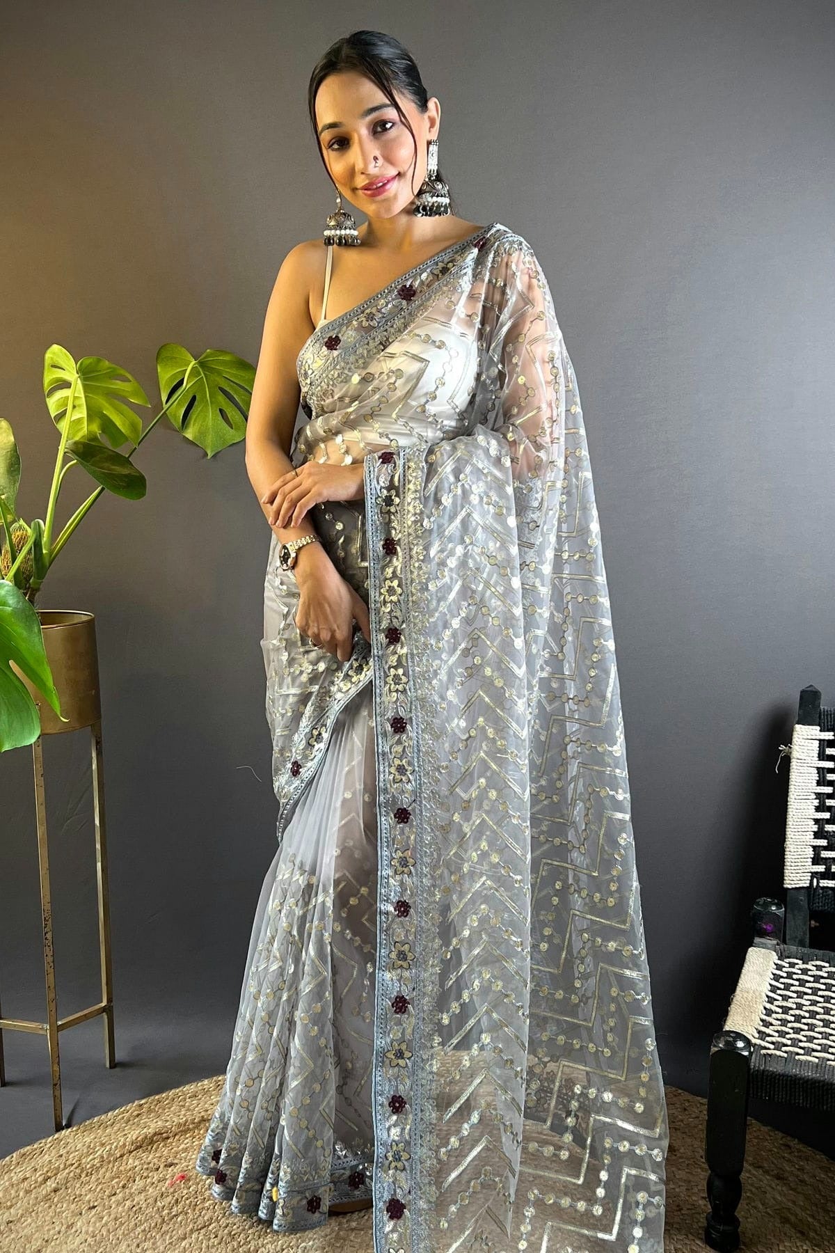 Grey Butterfly Net Designer Saree NCSD11111768