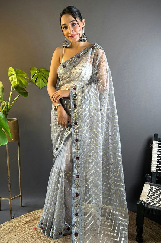 Grey Butterfly Net Designer Saree NCSD11111768