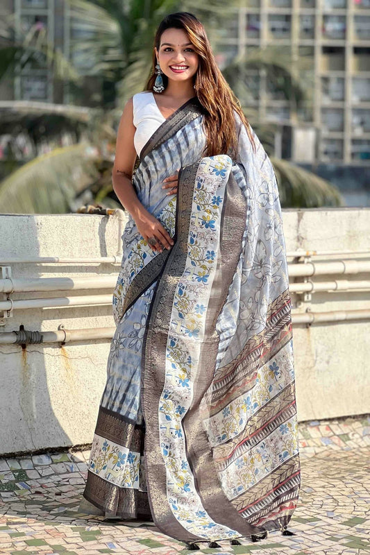 Grey Chanderi Crush Printed Saree NCSD11110998