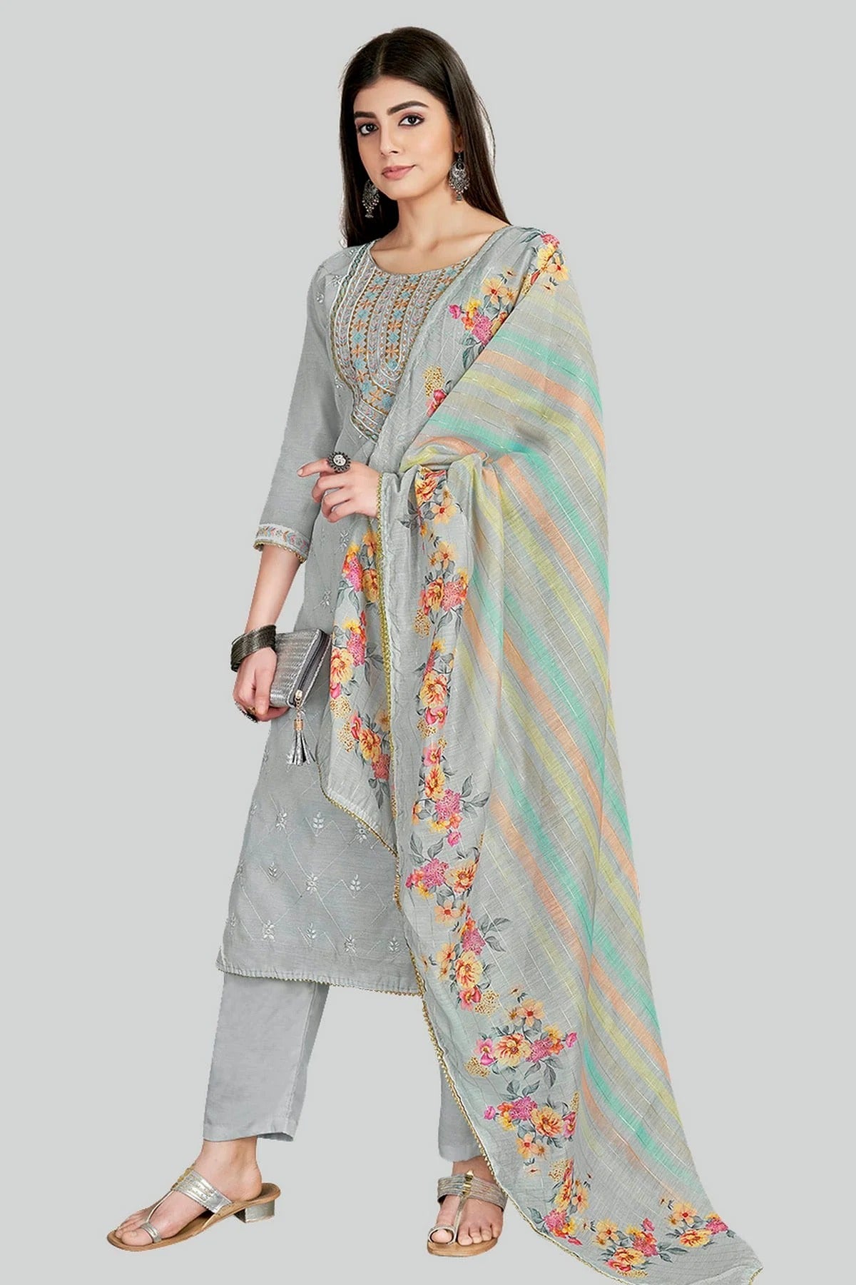 Grey Chanderi Silk Pant Style Suit NCSM11112364