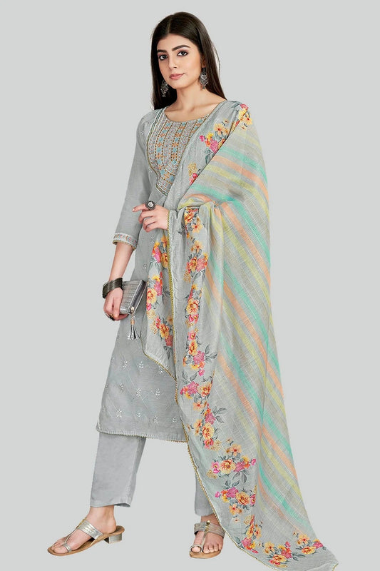 Grey Chanderi Silk Pant Style Suit NCSM11112364