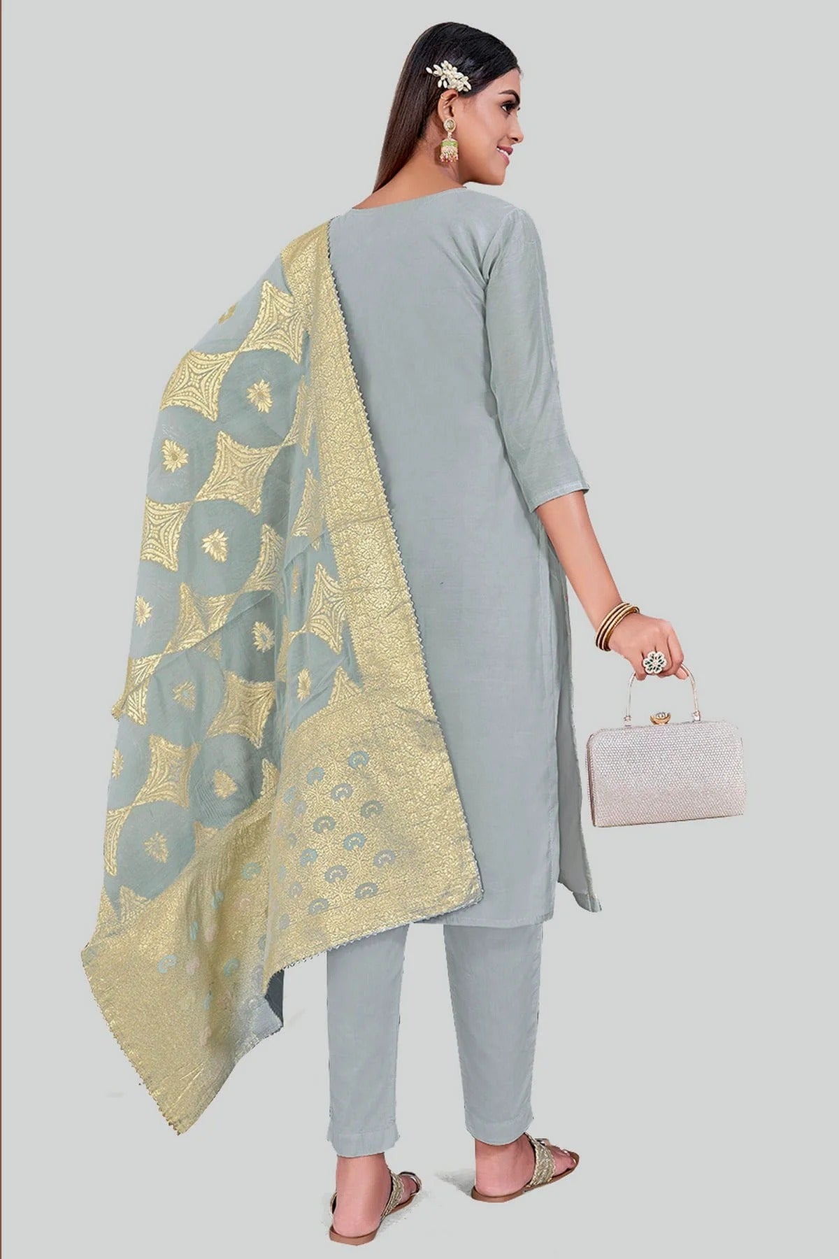 Grey Chanderi Silk Pant Style Suit NCSM11112390