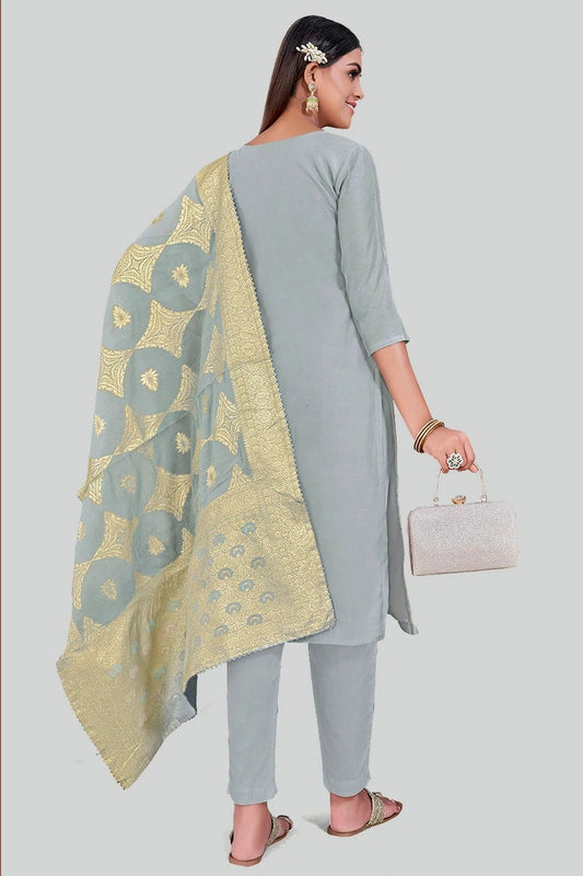 Grey Chanderi Silk Pant Style Suit NCSM11112390