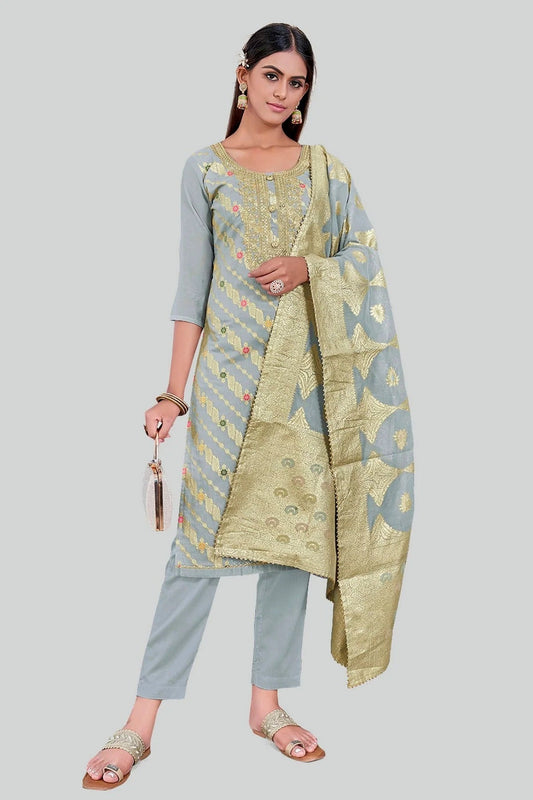 Grey Chanderi Silk Pant Style Suit NCSM11112390