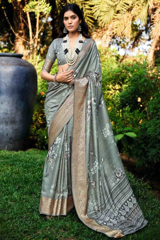 Grey Cotton Silk Digital Floral Printed Saree NCSD11110241