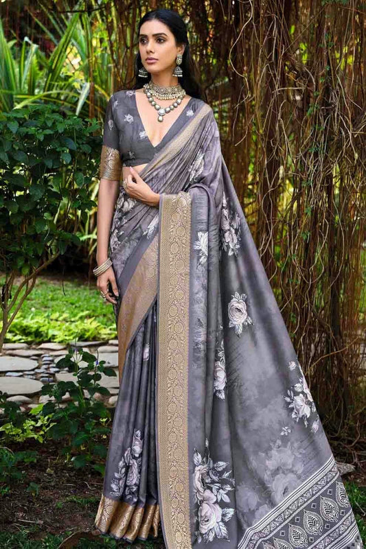 Grey Cotton Silk Digital Floral Printed Saree NCSD11110248