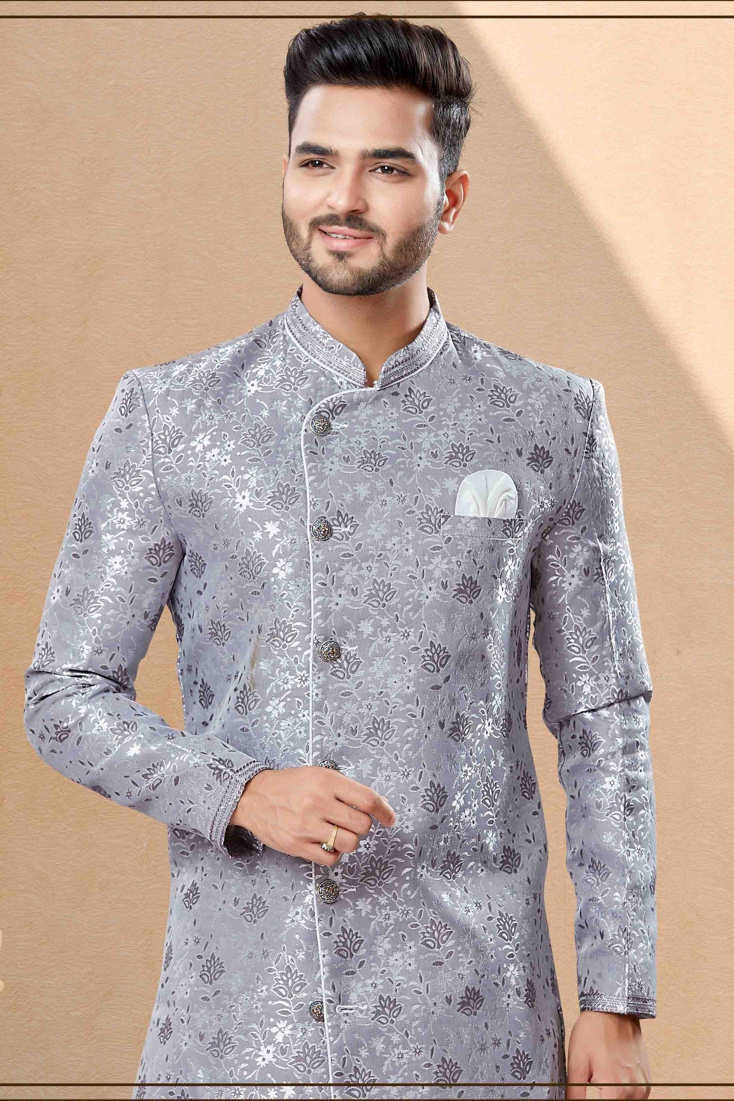 Grey Dhoti SherwaniIn Banarasi Jacquard  NCSH10410484