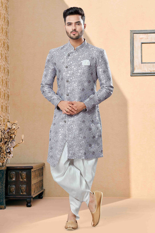 Grey Dhoti SherwaniIn Banarasi Jacquard NCSH10410484