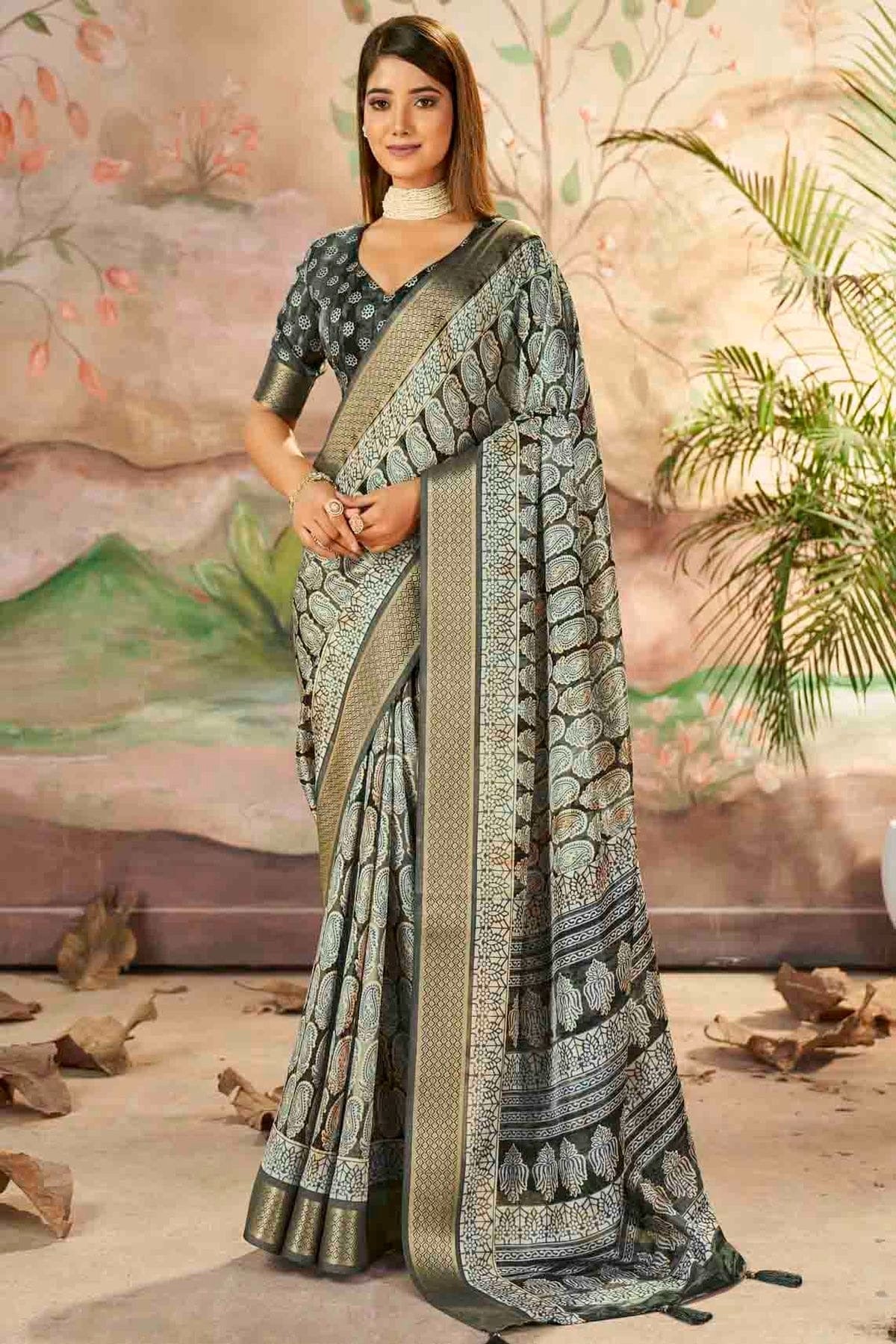Grey Dola Silk Printed Saree NCSD11110297