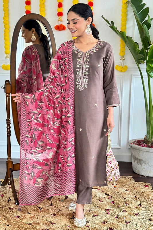Grey Embroidery Chanderi Viscose Stitched Suit NCSS11111279