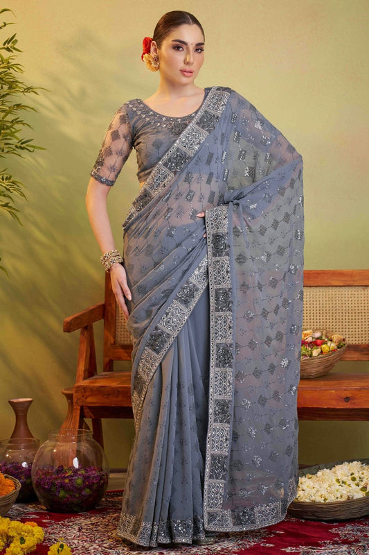 Grey Embroidery Georgette Designer Saree NCSD11110622