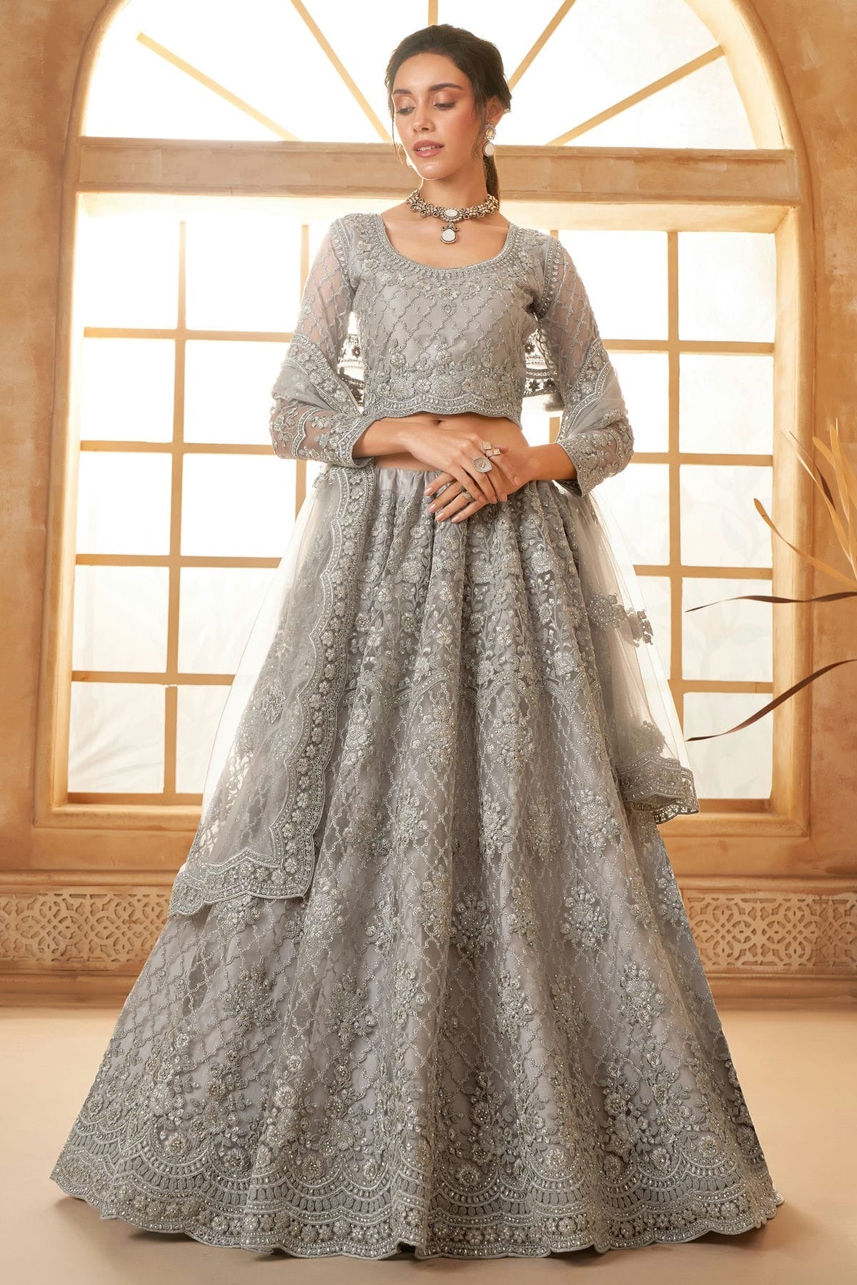 Grey Embroidery Net and SilK Lehenga Choli NCLC12910129