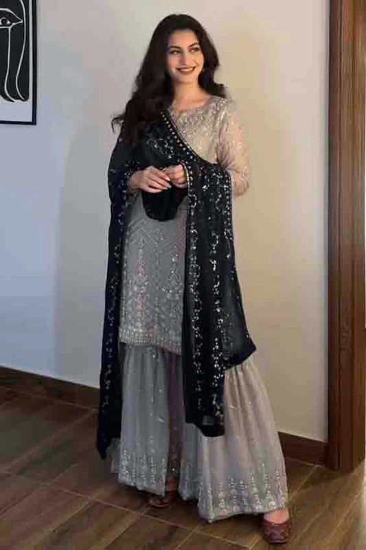 Grey Faux Georgette Stitched Sharara Suit NCSS11410164
