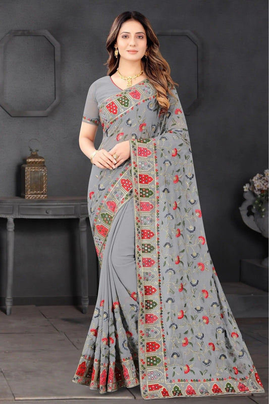 Grey Georgette Embroidery Saree NCSD10910583