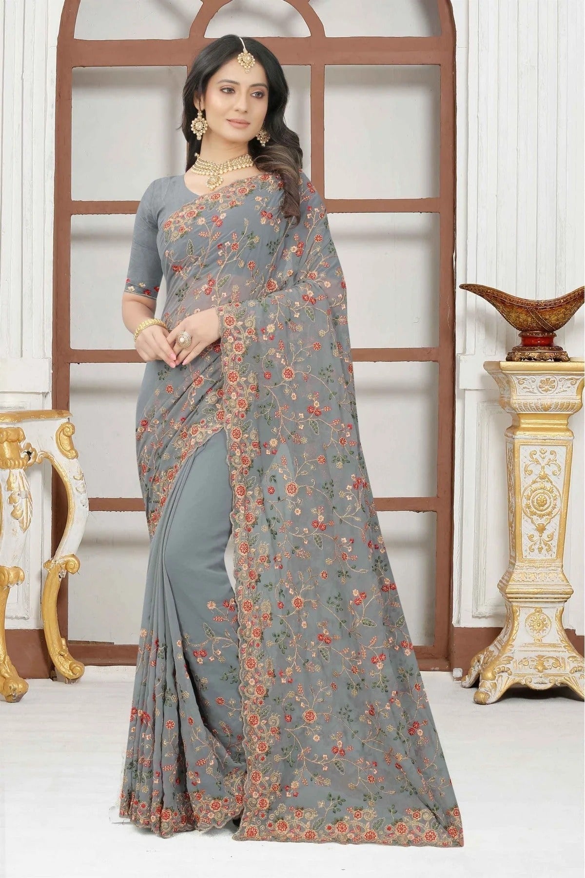 Grey Georgette Embroidery Saree NCSD10910639