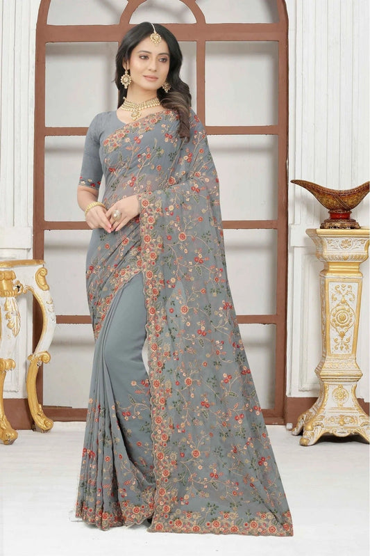 Grey Georgette Embroidery Saree NCSD10910639
