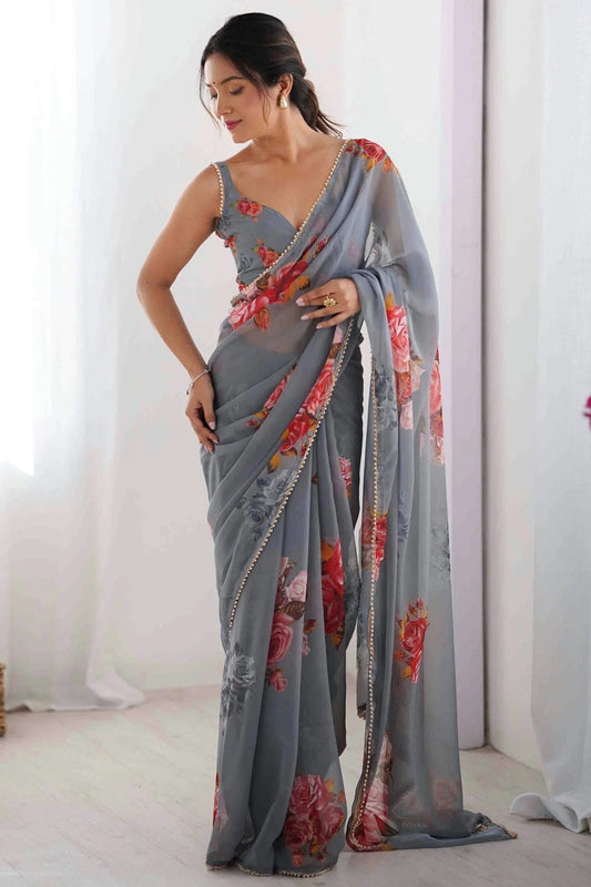 Grey Georgette Hand Printed Saree NCSD11110441