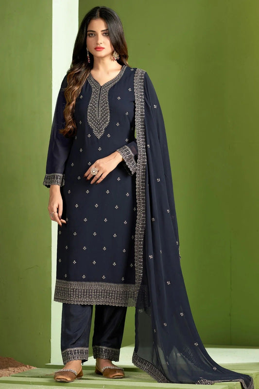 Grey Georgette Pant Style Suit NCSM11112352