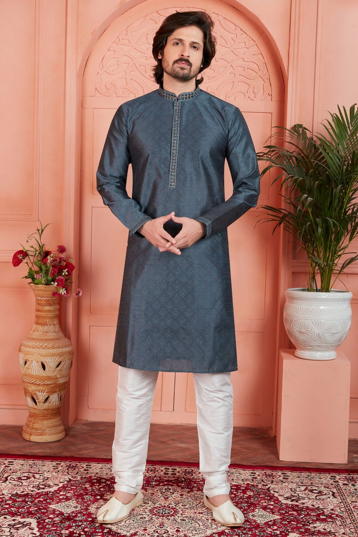 Grey Jacquard Silk Brocade Kurta Pajama NCKP12310141