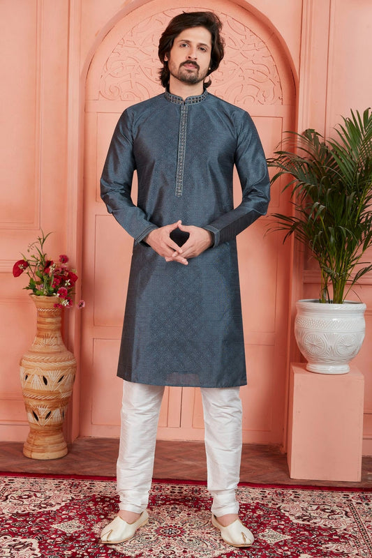 Grey Jacquard Silk Brocade Kurta Pajama NCKP12310141