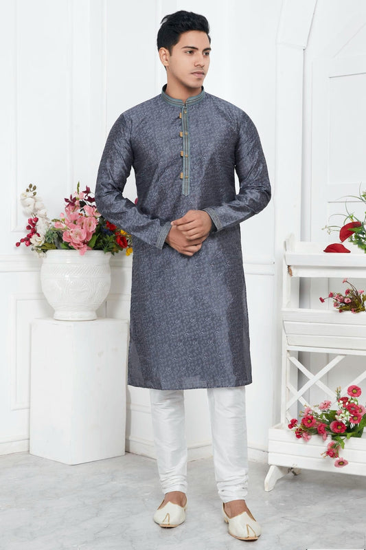 Grey Jacquard Silk Brocade Kurta Pajama NCKP12310160