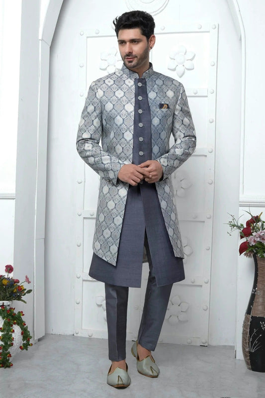 Grey Jacquard Silk Indowestern Sherwan With Aligadhi Pant  NCSH12310340