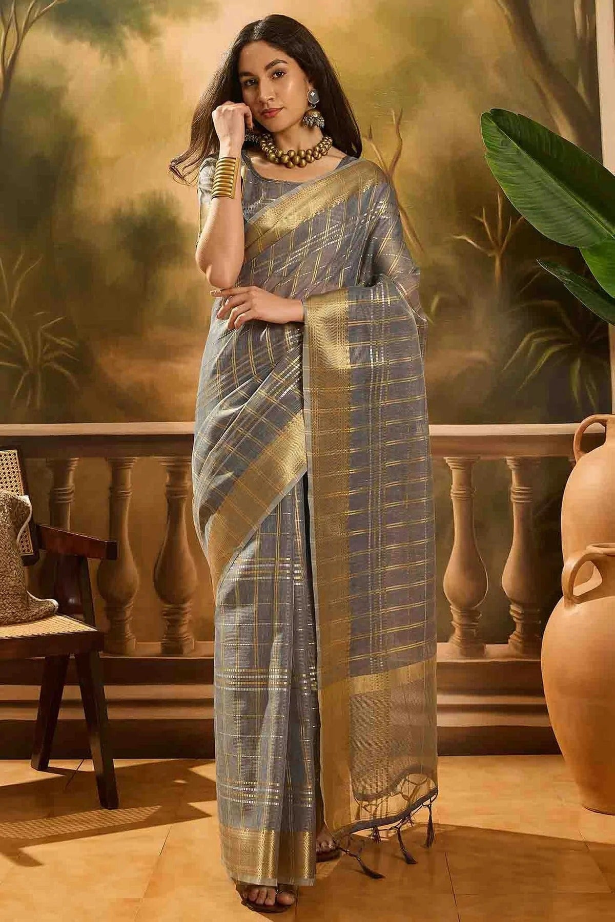 Grey Khadi Organza Traditional Saree NCSD11110103